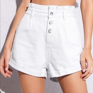 Shein White Denim Button Fly High Waisted Short Shorts Ruffles at Waist Detail